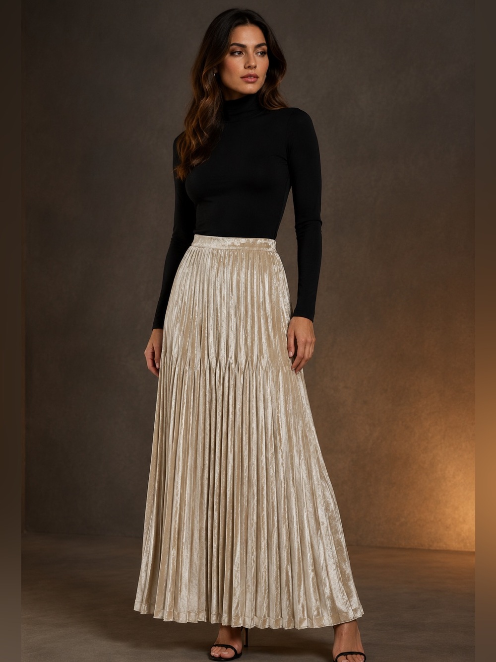 Halston Heritage Velvet Pleated Maxi Skirt - Champagne Gold cream